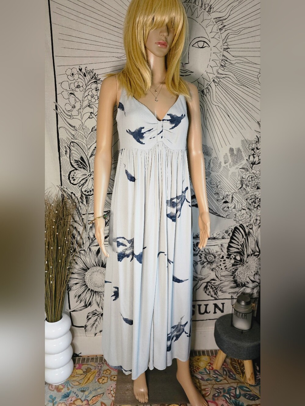 Grade & Gather Light Blue Floral Jumpsuit with Navy Bird Print Large